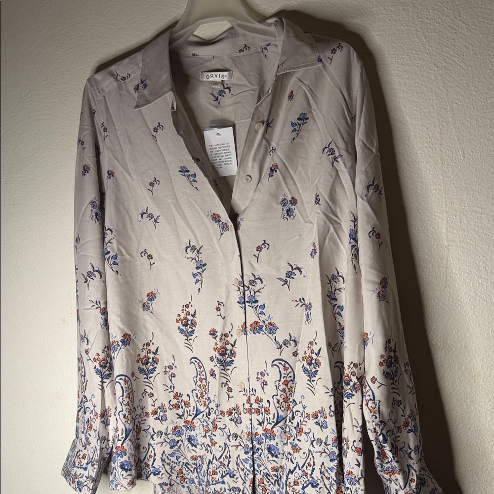 Orvis  100 percent silk Cream Button-Down floral print shirt